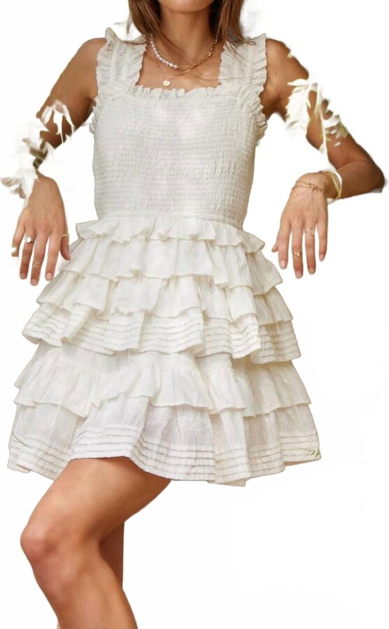 Self Contrast Leona Tiered Mini Dress In White