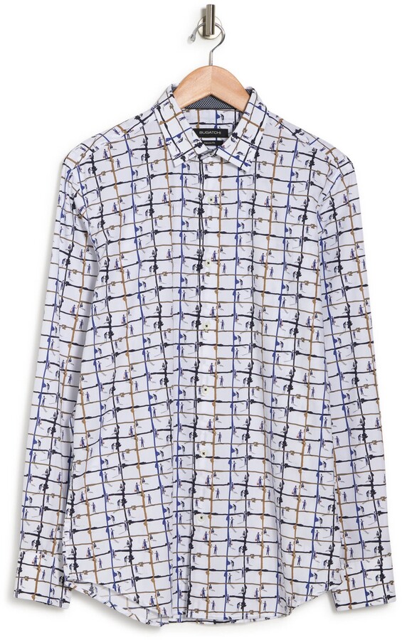 Bugatchi Mens Fitted Long Sleeve Striped Pigeons Pattern Cotton Shirt