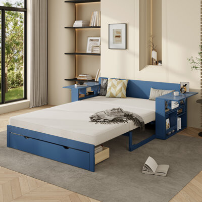 Hokku Designs Queen Size Daybed with Removable Desk Storage Drawers & Hydraulic Side Table Blue