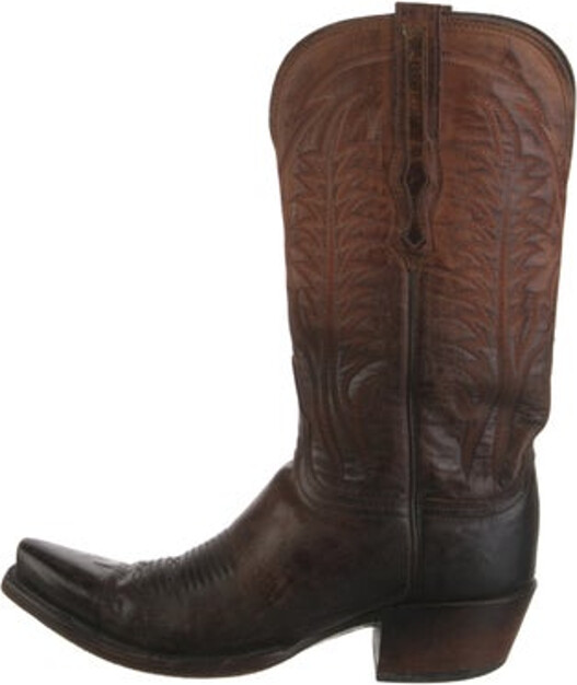 Lucchese Leather Mid-Calf Western Boots Brown Printed Square-Toes with Embroidered Accent Designer