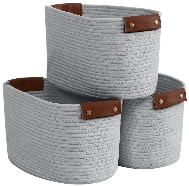 Organizix 3 Pack Woven Cotton Rope Shelf Storage Basket with Leather