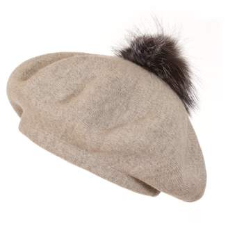 Popski London Bella Beret Fur Pom Pom Hat In Whisper Grey