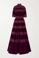 Thumbnail for your product : Costarellos Lissie Paneled Velvet And Guipure Lace Gown - Burgundy