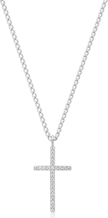 eklexic Women's Cz Cross Pendant Necklace In Rhodium Plated Sterling Silver