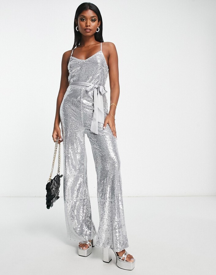 Extro & Vert cami wide leg jumpsuit in silver sequin - ShopStyle