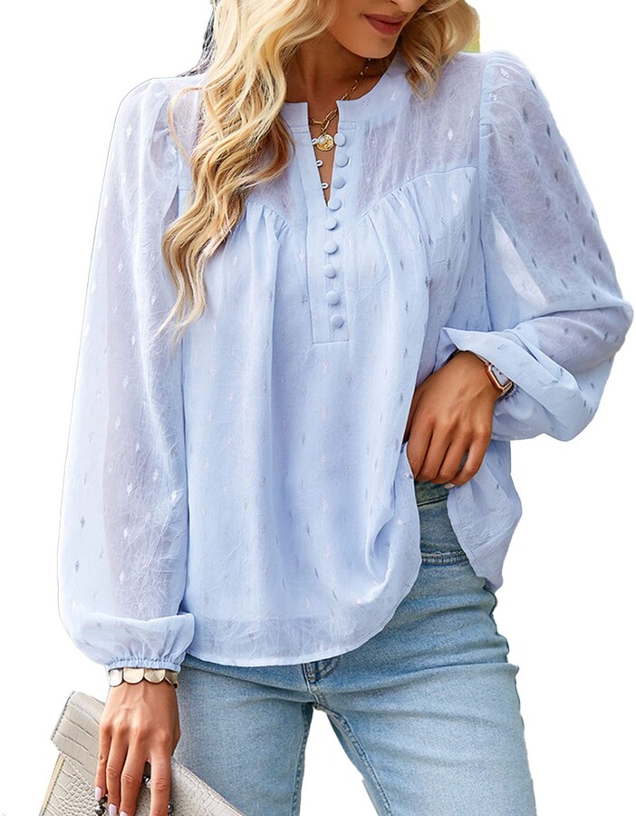 Ausla Women Tunic Tops Long Lantern Sleeve Button Round Neck Shirts Top  Blouse(XL-Light Blue) - ShopStyle