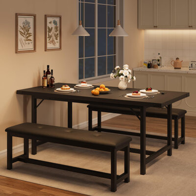 Dining Table Set for 4-6, 63" Extendable Wood Dining Room Table with Corner Protector & 2 Upholstered Benches, Kitchen Table Set for Apartment, Small