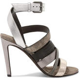 Brunello Cucinelli - Metallic Textured-leather And Python Sandals - Silver