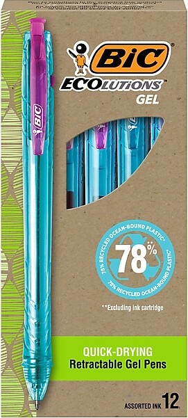 BIC ECOlutions Retractable Gel Pens, Medium Point, 1.0 mm, Assorted Inks, 12/Pack (RGLE11-AST)