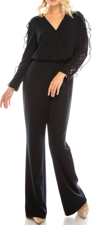 Aidan Mattox Cross Mesh Sleeve Evening Jumpsuit In Twilight