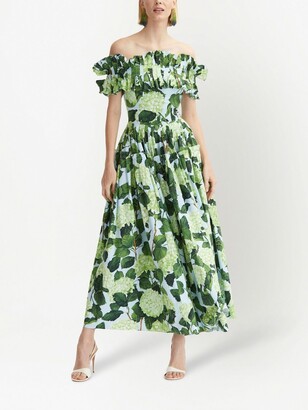Oscar de la Renta Floral-Print Drop-Shoulder Midi Dress