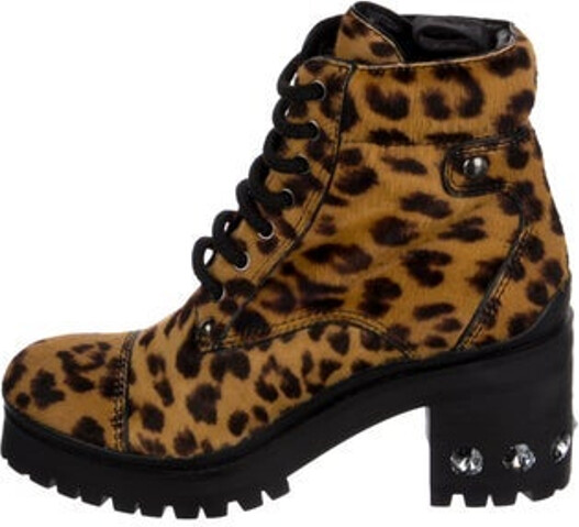 Miu Miu Ponyhair Ankle Combat Boots Brown Animal Print Round-Toes with Crystal Embellishments Platform Lace-Up Closure at Uppers Designer