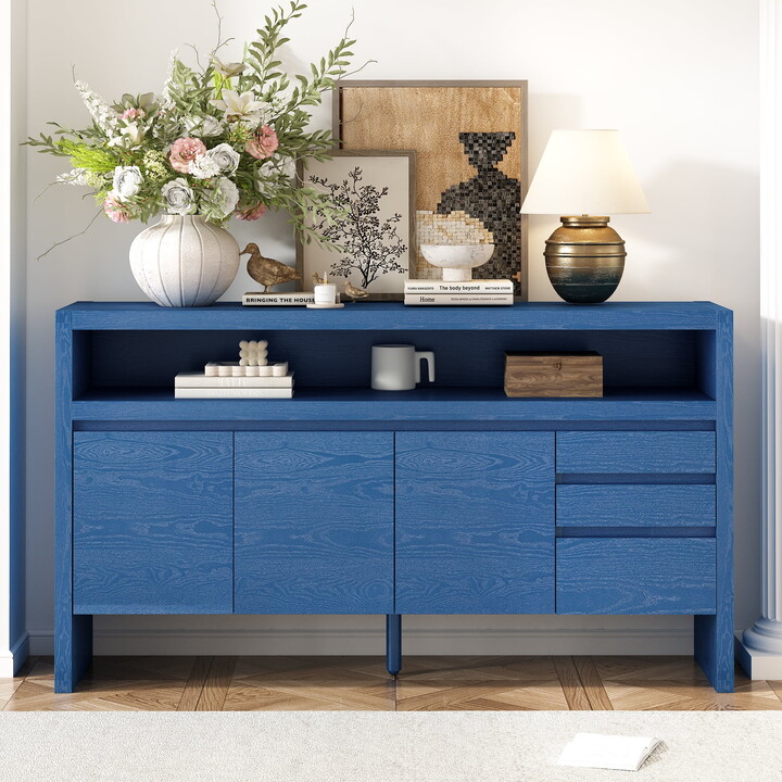 Euroco Sideboard Buffet Cabinet with Storage, 60" Modern Coffee Bar Station with 3 Doors,3 Drawers and Open Shelf for Kitchen,Living Room,Navy Blue