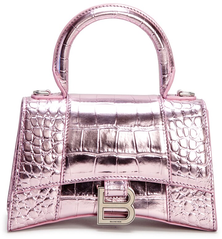 Balenciaga Hourglass Mini Handbag Metallized Crocodile Embossed - Silver - - Calfskin