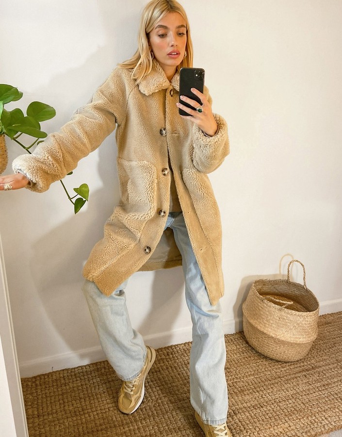 Vero Moda teddy coat with faux fur trims in beige - ShopStyle