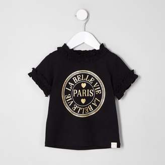 River Island Mini girls Black Paris' ruffle T-shirt