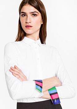 Paul Smith Women's White Stretch-Cotton Shirt With 'Cycle Stripe' Cuff Linings