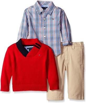 Tommy Hilfiger Baby Boys' Athur 3 Piece Shawl Sweater, Shirt, and Twill Pant Set
