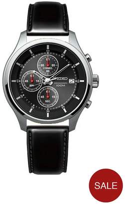 Seiko Gents Black Dial Stainless Steel Chronograph Leather Strap Watch