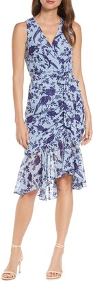 floral ruched chiffon faux wrap dress