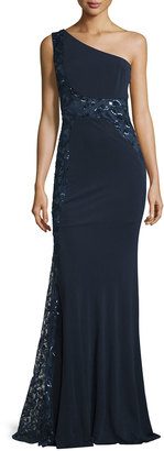 David Meister One-Shoulder Sequined Embroidered Gown