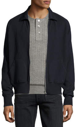 Tom Ford Zip-Front Shirt-Collar Knit Jacket, Navy