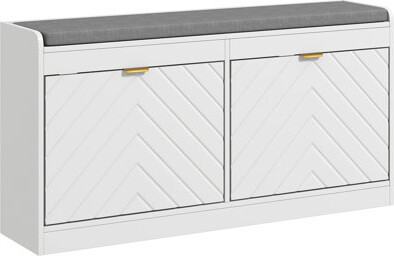Shoe Bench, Entryway Bench with 2 Flip Drawers, Seating Cushion, and 2 Vents for 8 Pairs of Shoes for Hallway, White