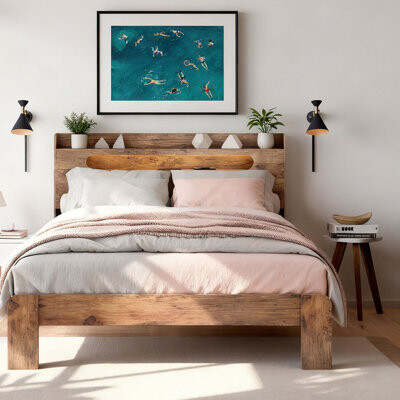 17 Stories Industrial Farmhouse Style Queen Size Wooden Platform Bed with LED Light and Charging Station - No Box Spring Needed