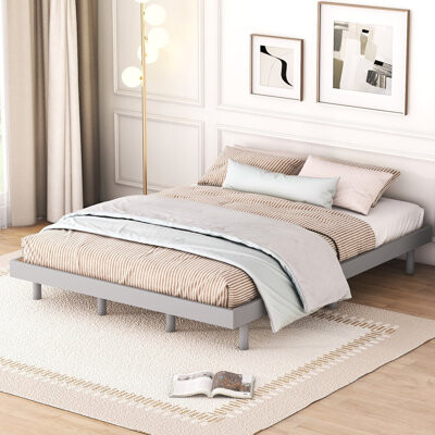 Red Barrel Studio Queen Bed In Grey With Floating Platform - Built Quality Plywood And Rubberwood Color Frame Design Made Of