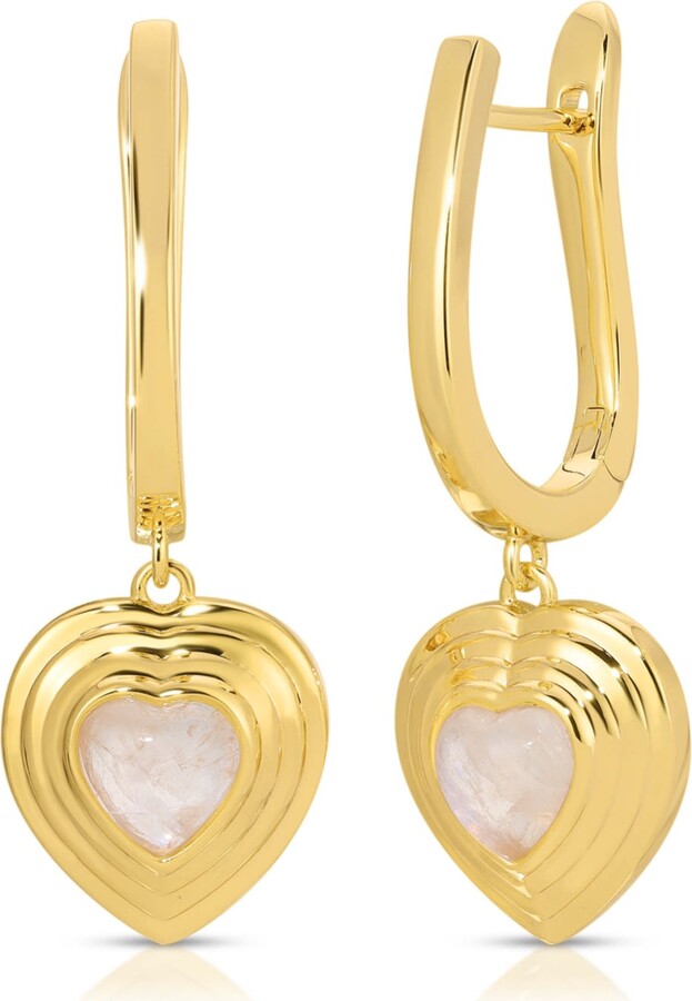 Glamrocks Jewelry Gold Heart Of Stone Hoop Earrings - Moonstone
