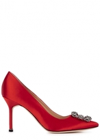 Thumbnail for your product : Manolo Blahnik Hangisi red crystal embellished satin pumps