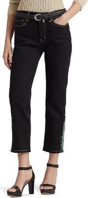 Lauren Ralph Lauren Beaded High-Rise Straight Cropped Jeans in Black Rinse Wash (Black Rinse Wash) Women's Clothing