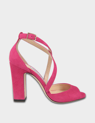 Jimmy Choo Carrie 100 Cross Front Sandals in red Cerise Suede