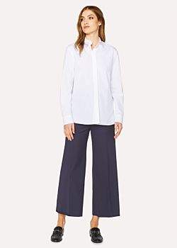 Women's Navy Wool-Blend Wide Leg Trousers With Contrast Waistband