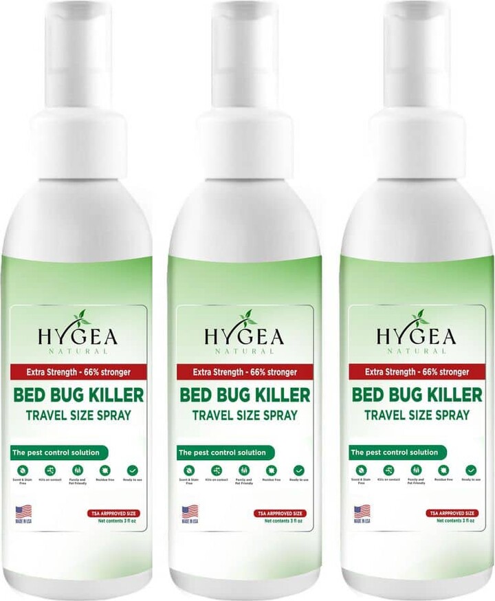 Hygea Natural Travel Bed Bug Spray 3 oz. Extra Strength, Non Toxic, Odorless, Stain Free, TSA Approved Insect Killer -(3-Pack)