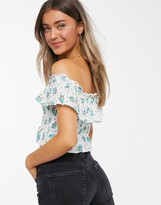 Thumbnail for your product : Miss Selfridge frill detail bardot top in blue floral