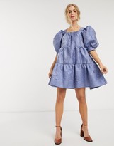Thumbnail for your product : Sister Jane mini smock dress with tiered skirt and puff sleeves in rose jacquard