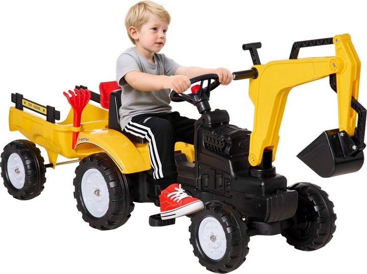 Aosom Kid's Pedal Digger Construction Car with Horn, Detachable Trailer