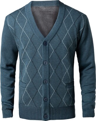 Yukirtiq Men's Knitted Cardigan V-Neck Button Jumper Diamond Pattern Check  Fur Line Long Sleeve Knitwear Pocket Grandad Sweater - ShopStyle