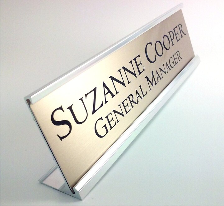 Personalized Desk Name Plate Nameplate Gold Color Aluminum Insert With Silver Holder 2 X 8 Inches Great Office Or Teacher Gift