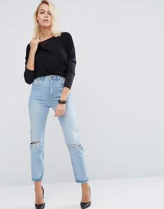 ASOS FARLEIGH High Waist Slim Mom Jeans In Sweet Mid Stonewash with Busted Knees