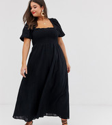 Thumbnail for your product : ASOS Curve ASOS DESIGN Curve shirred bustier maxi dress with puff sleeve in seersucker