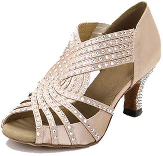 BEIGE TDA Womens Zipper Mid Heel Satin Crystals Latin Modern Salsa Tango Ballroom Wedding Dance Shoes