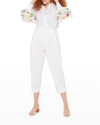 Floral-Embroidered Blouson-Sleeve Shirt