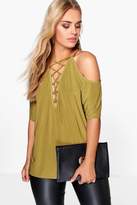 Thumbnail for your product : boohoo Plus Maria Open Shoulder Lace Up Detail Top