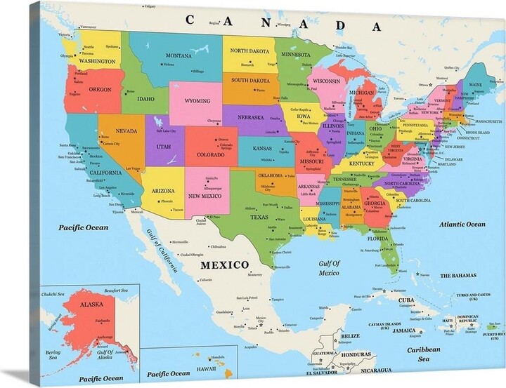 Unframed 30 in. x 40 in. US Map - Color, Classic Text by Inner Circle Canvas Wall Art