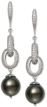 Belle de Mer Cultured Black Tahitian Pearl (10mm) & Cubic Zirconia Linear Drop Earrings in Sterling Silver