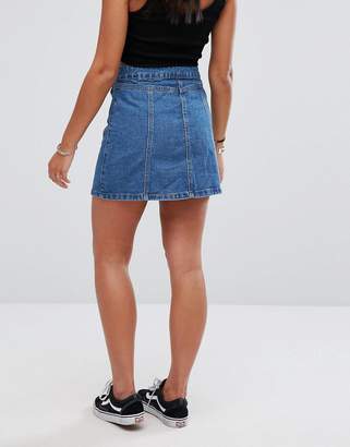 Brave Soul Poppy Button Through Denim Skirt with Embroidery