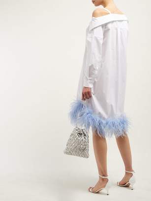 Prada Feather Trimmed Off The Shoulder Cotton Shirtdress - Womens - White Multi
