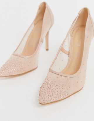 Forever New mesh pointed court heel with diamante detail in blush